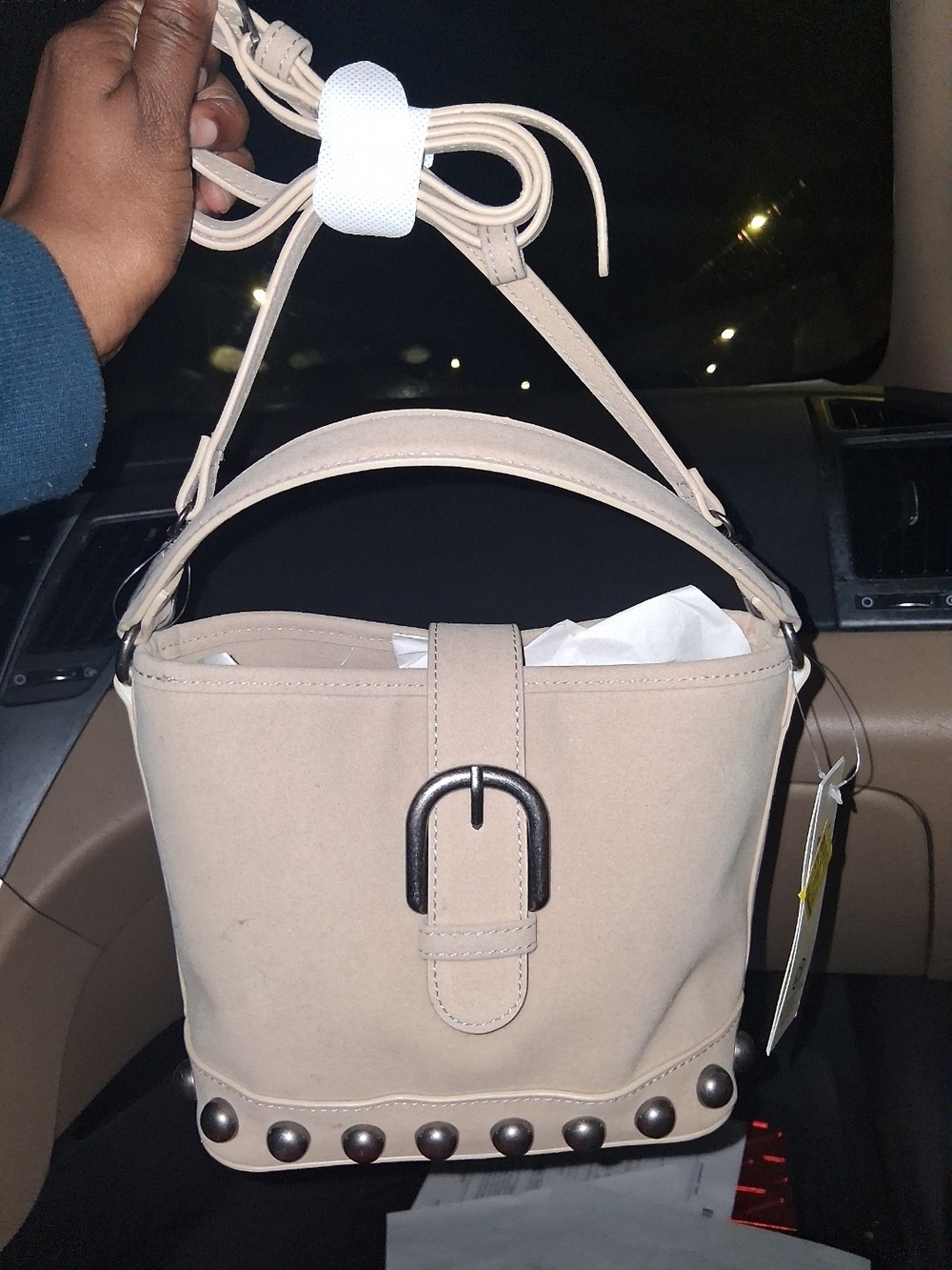 Beige Women's Bucket Bag with Stud Accent